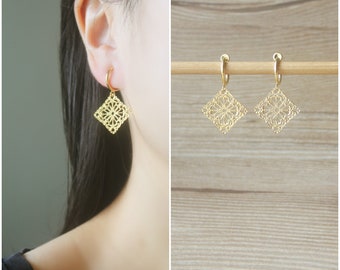 1 pair Gold Filigree charm hoop clip on earrings, non pierced earrings, dangle & drop earrings, Minimalist earrings, adorable earring, gift