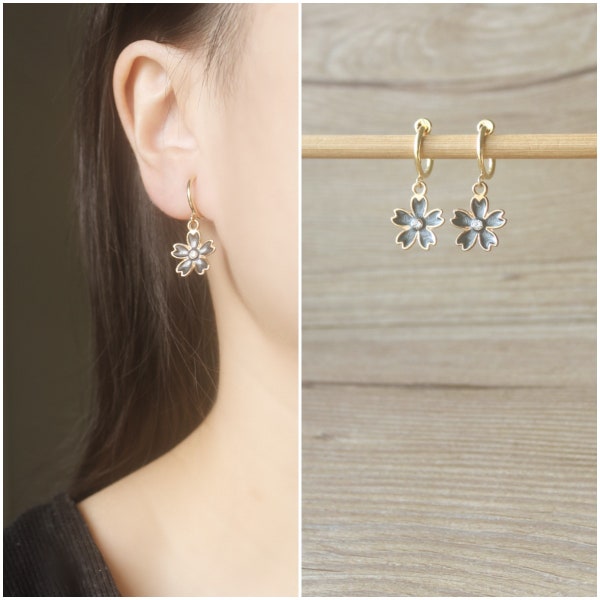 1 pair Black Cherry Blossom flower Gold hoop clip on earrings, non pierced earrings, dangle & drop earrings, floral earrings, gift for her