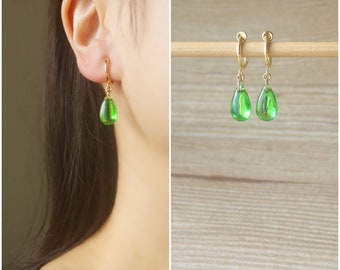 1 pair Green glass crystal teardrop hoop clip on earrings, non pierced earrings, dangle & drop earrings, adorable earrings, gift for her