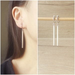 1 pair 40mm Silver dangle bar hoop clip on earrings, non pierced earrings, dangle & drop earrings, clip on earrings, Minimalist earrings