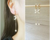 Gold Star and Moon hoop clip on earrings, non pierced earrings, dangle drop earrings, Minimalist earrings, adorable earrings, gift for her