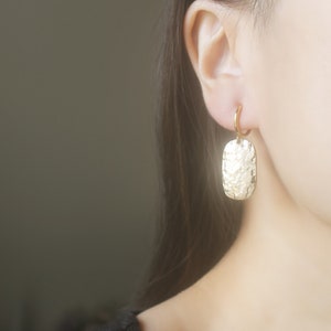 1 pair Gold hammered rectangle charm hoop clip on earrings, non pierced earrings, dangle & drop earrings, Minimalist Geometric earrings