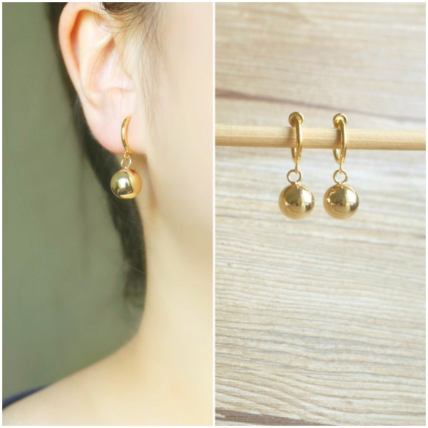 10mm Gold ball hoop clip on earrings, non pierced earrings, dangle & drop earrings, minimalist earrings, gift for her