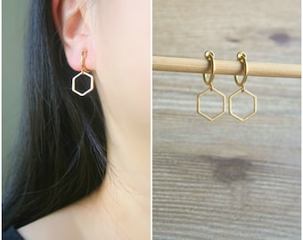 1 pair Gold little Hexagon charm hoop clip on earrings, Non pierced earrings, dangle & drop clip on earrings, gold clip on earrings, gift