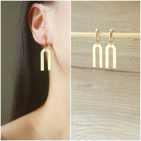 Raw Brass U Shape Geometric Charm hoop clip on earrings, non pierced earrings, clip on earrings, dangle & drop earrings, modern earrings