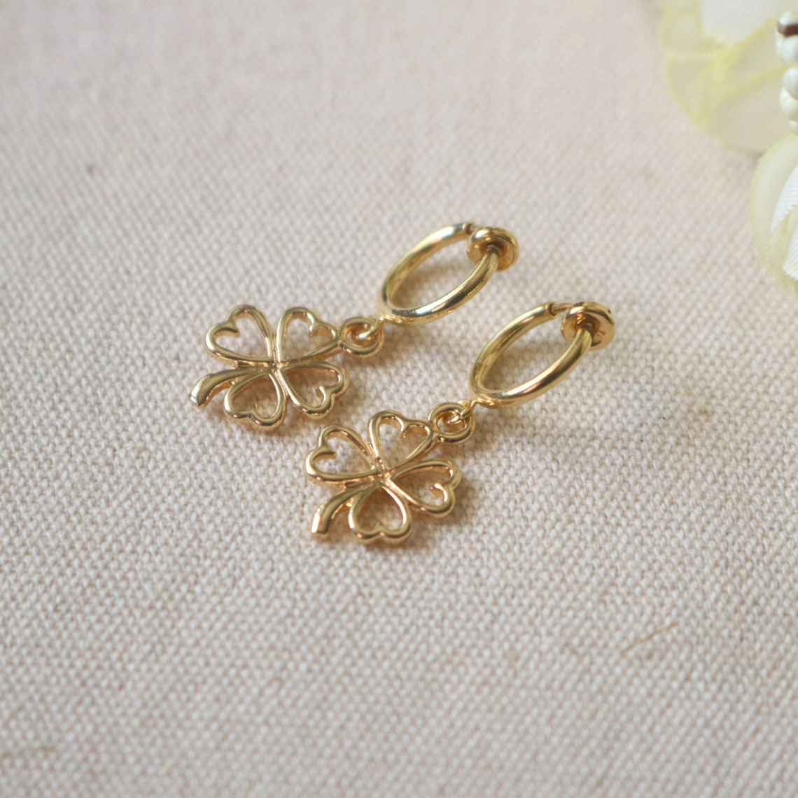 Gold clover hoop clip on earrings non pierced earrings | Etsy