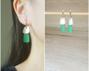 1 pair Matte gold Green hoop clip on earrings, non pierced earrings, Minimalist clip earrings, dangle & drop clip on earrings, gift for her