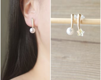 1 pair Gold mismatched stud invisible resin clip on earrings, non pierced earrings, White resin pearl Crystal star earrings, gift for her