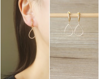 1 pair Gold teardrop charm hoop clip on earrings, Non pierced earrings, dangle & drop earrings, Minimalist earrings, adorable earrings, gift