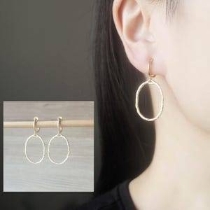 1 pair Gold tone Oval charm hoop clip on earrings, non pierced earrings, dangle & drop clip on earrings, Minimalist earrings, gift for her
