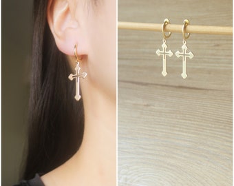 1 paire Gold dangle Cross Hoop clip sur boucles d'oreilles, boucles d'oreilles non percées, boucles d'oreilles pendantes et gouttes, boucles d'oreilles minimalistes, cadeau pour elle