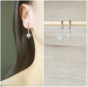 1 pair Silver star and moon mismatched hoop clip on earrings, non pierced earrings, dangle and drop clip on earrings, crystal earrings