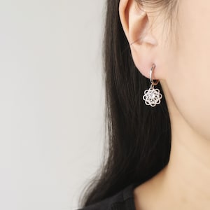 1 pair Silver Filigree charm hoop clip on earrings, non pierced earrings, dangle & drop earrings, Minimalist earrings, gift for her