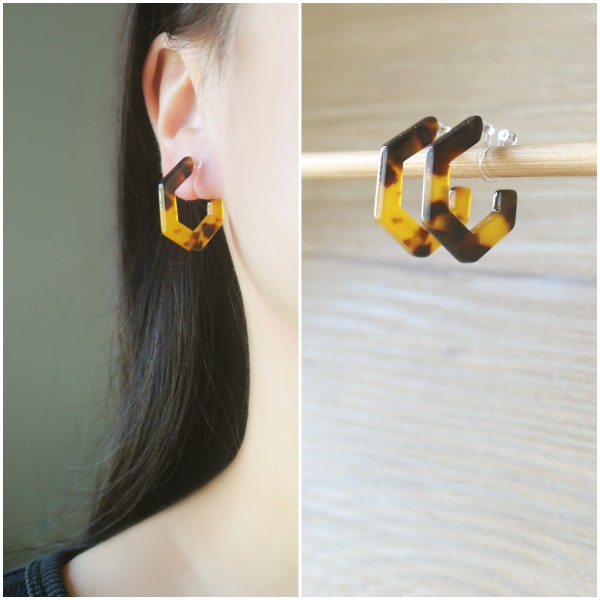 1 pair Amber Tortoise Shell acetate open hoop invisible resin clip on earrings, non pierced earrings, Minimalist clip on earrings, gift