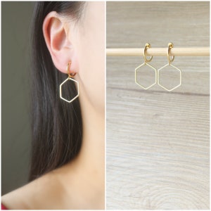 1 pair Gold Hexagon charm hoop clip on earrings, Non pierced earrings, dangle & drop clip on earrings, Minimalist clip on earrings, gift
