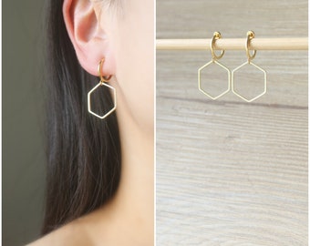 1 pair Gold Hexagon charm hoop clip on earrings, Non pierced earrings, dangle & drop clip on earrings, Minimalist clip on earrings, gift