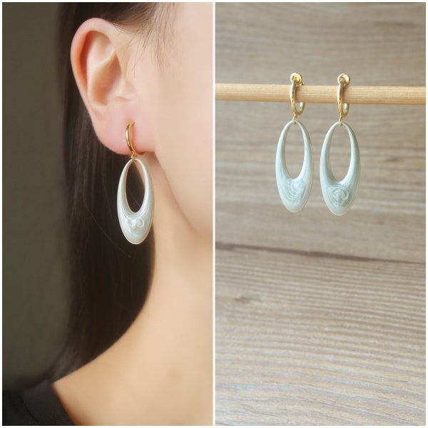 1 pair Lime Grey oval Shape Geometric Charm hoop clip on earrings, non pierced earrings, dangle & drop earrings, Minimalist earrings, gifts