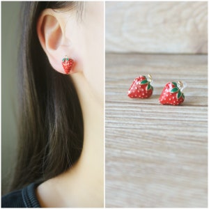 1 pair Tiny Red strawberry stud invisible resin clip on earrings, non pierced earrings, gold clip on earrings, Minimalist earrings, gift