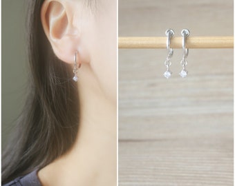 1 paire de boucles d'oreilles en forme de cerceau en pierre de zircone cubique en argent, boucles d'oreilles non percées, boucles d'oreilles pendantes et pendantes, boucles d'oreilles minimalistes, cadeau