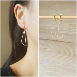 1 pair Gold triangle charm hoop clip on earrings, non pierced earrings, dangle & drop earrings, Minimalist earrings, Geometric earrings