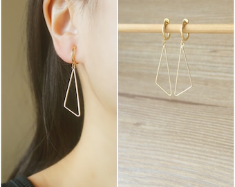 1 pair Gold triangle charm hoop clip on earrings, non pierced earrings, dangle & drop earrings, Minimalist earrings, Geometric earrings