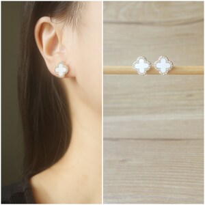 1 pair White clover crystal stud invisible resin clip on earrings, non pierced earrings, Minimalist stud, adorable earrings, gift for her