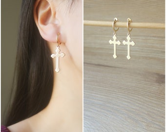 1 pair Gold dangle Cross hoop clip on earrings, non pierced earrings, dangle & drop earrings, Minimalist earrings, gift for her