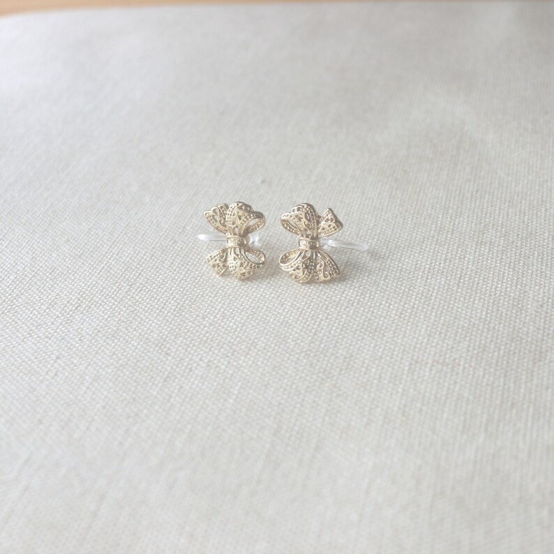 1 Pair Gold Ribbon Bow Invisible Resin Clip on Earrings, Non Pierced