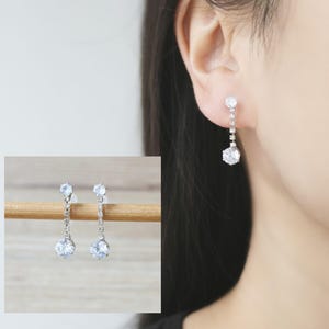 1 pair silver tone round CZ stud & chain dangle CZ invisible resin clip on earrings, non pierced earrings, Minimalist earrings, gift for her