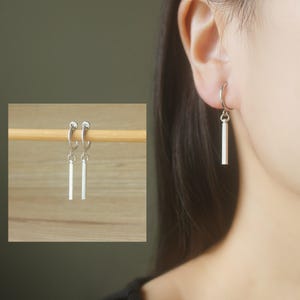 1 pair 20mm Silver dangle bar hoop clip on earrings, non pierced earrings, dangle & drop earrings, clip on earrings, Minimalist earrings