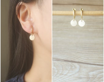 1 pair Gold tiny circle charm hoop clip on earrings, non pierced earrings, dangle and drop earrings, Minimalist earrings, gift for her