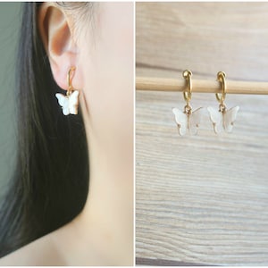 1 pair White imitation shell butterfly hoop clip on earrings, non pierced earrings, dangle & drop earrings, gold clip on earrings, gift