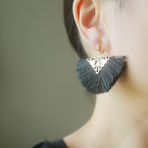 1 pair Silky Black tassel Gold hoop clip on earrings, non pierced earrings, dangle & drop earrings, Boho earrings, Big earrings, gifts