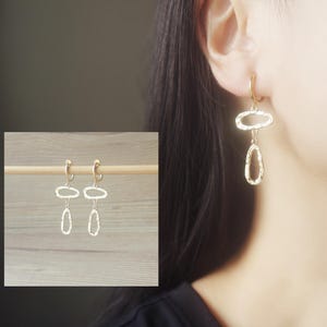1 pair Gold irregular oval charms hoop clip on earrings, non pierced earrings, dangle & drop earrings, Minimalist earrings, gift for her