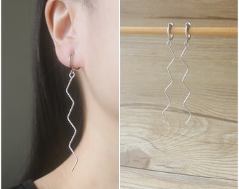 1 paar zilveren lange ZIP ZAP Dangle Bar hoepel clip op oorbellen, niet-doorboorde oorbellen, bungelen & drop oorbellen, minimalistische oorbellen, cadeau voor haar