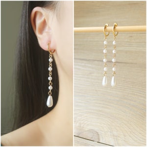 1 pair White resin pearl hoop clip on earrings, non pierced earrings, Dangle & Drop clip on earrings, clip on earrings, Minimalist earrings