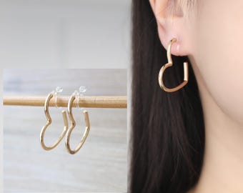 1 pair Gold tone heart shape open hoop invisible resin clip on earrings, non pierced earrings, Minimalist earrings, everyday wear earrings