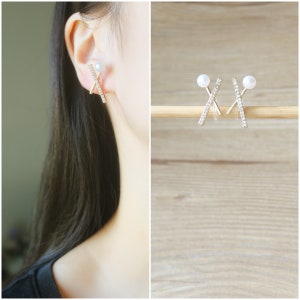 1 pair Gold rhinestone X stud invisible resin clip on earrings, non pierced earrings, White resin pearl clip earrings, Minimalist earrings