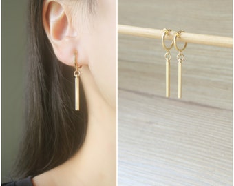 1 pair Gold dangle bar hoop clip on earrings, non pierced earrings, dangle & drop earrings, clip on earrings, Minimalist earrings, gifts