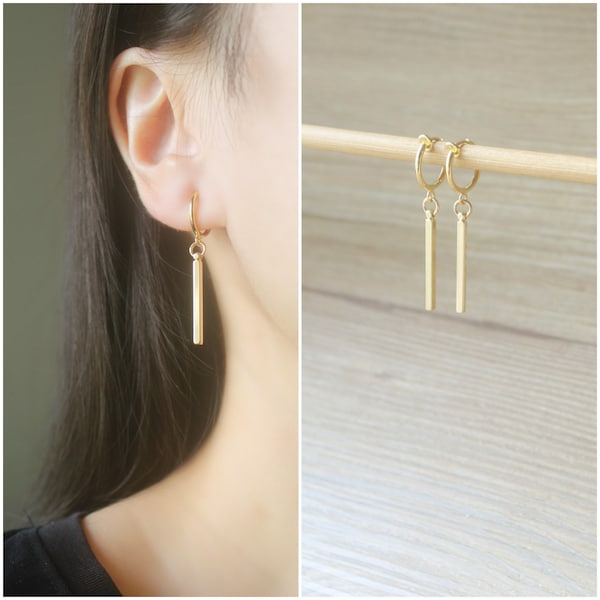 1 pair Gold dangle bar hoop clip on earrings, non pierced earrings, dangle & drop earrings, clip on earrings, Minimalist earrings, gifts