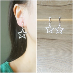 1 pair Silver star hoop clip on earrings, non pierced earrings, dangle and drop earrings, crystal clip earrings, Minimalist earrings, gift