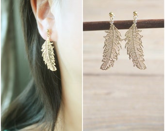 1 pair Gold feather Filigree invisible resin clip on earrings, non pierced earrings, dangle & drop clip on earrings, Minimalist earrings