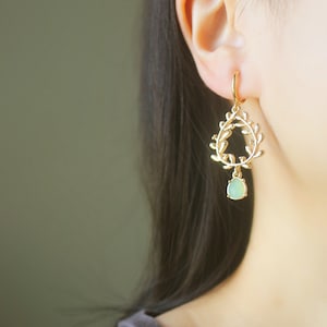 1 pair Gold Laurel Wreath hoop clip on earrings, non pierced earrings, dangle and drop earrings, Mint green earrings, boho earrings, gifts