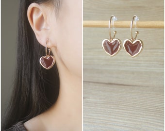 1 pair Gold open hoop dangle heart invisible resin clip on earrings, non pierced earrings, dangle & drop earrings, Red heart earrings, gift