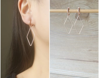 1 pair Rose Gold Rhombus charm hoop clip on earrings, Non pierced earrings, dangle & drop earrings, Minimalist earrings, gift for her