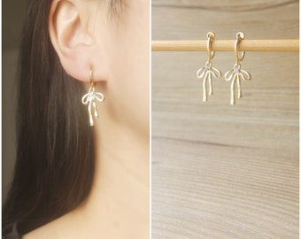 1 pair Gold ribbon bow hoop clip on earrings, non pierced earrings, dangle & drop earrings, Minimalist earrings, gifts for her