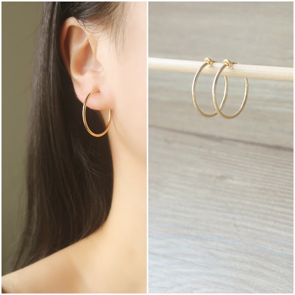 1 pair 25mm gold metal hoop clip on earrings, non pierced earrings, modern clip on earrings, Minimalist earrings, invisible clip on earrings