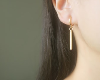 1 pair Gold dangle bar hoop clip on earrings, non pierced earrings, dangle & drop earrings, clip on earrings, Minimalist earrings, gifts