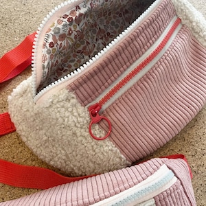 Banane XL Adulte / Sherpa et velours côtelé rose / Sangle et zip rouge