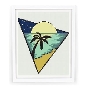 Cross Stitch Pattern Landscape PDF / Easy Modern Counted Nature Sea Palm Moon Stars Cross Stitch Design for Beginners DIY / Instant Download